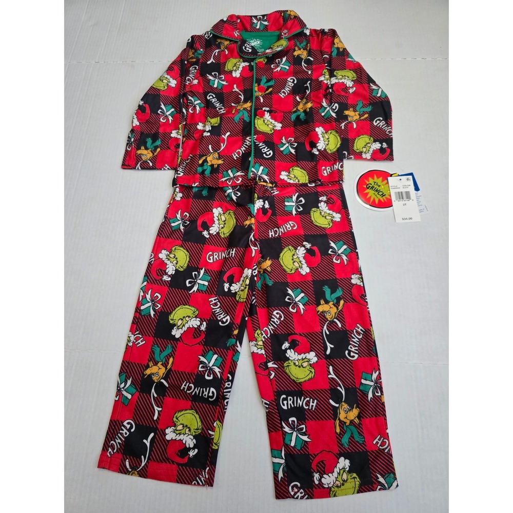 Dr. Seuss The Grinch Kids 3T Pajama Set Red Black Buffalo Plaid NEW
